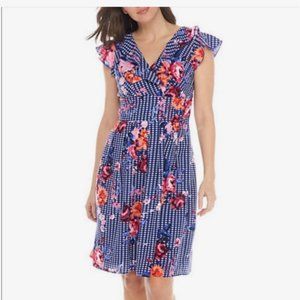 Chris McLaughlin Floral Dress V-Neck Ruffled Cap Sleeves Blue Pink Red White 12